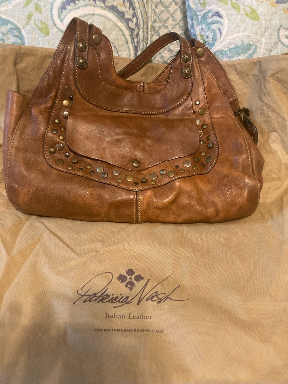 Patricia Nash Cognac Leather Studded Shoulder Tote